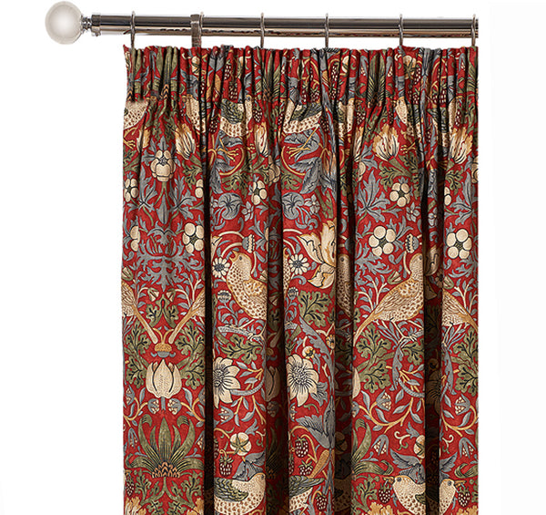 Pair of Morris & Co. Strawberry Thief Crimson Lined Curtains 190 cm x 183 cm