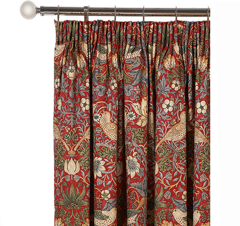 Pair of William Morris Strawberry Thief Crimson Lined Curtains in 3 lengths