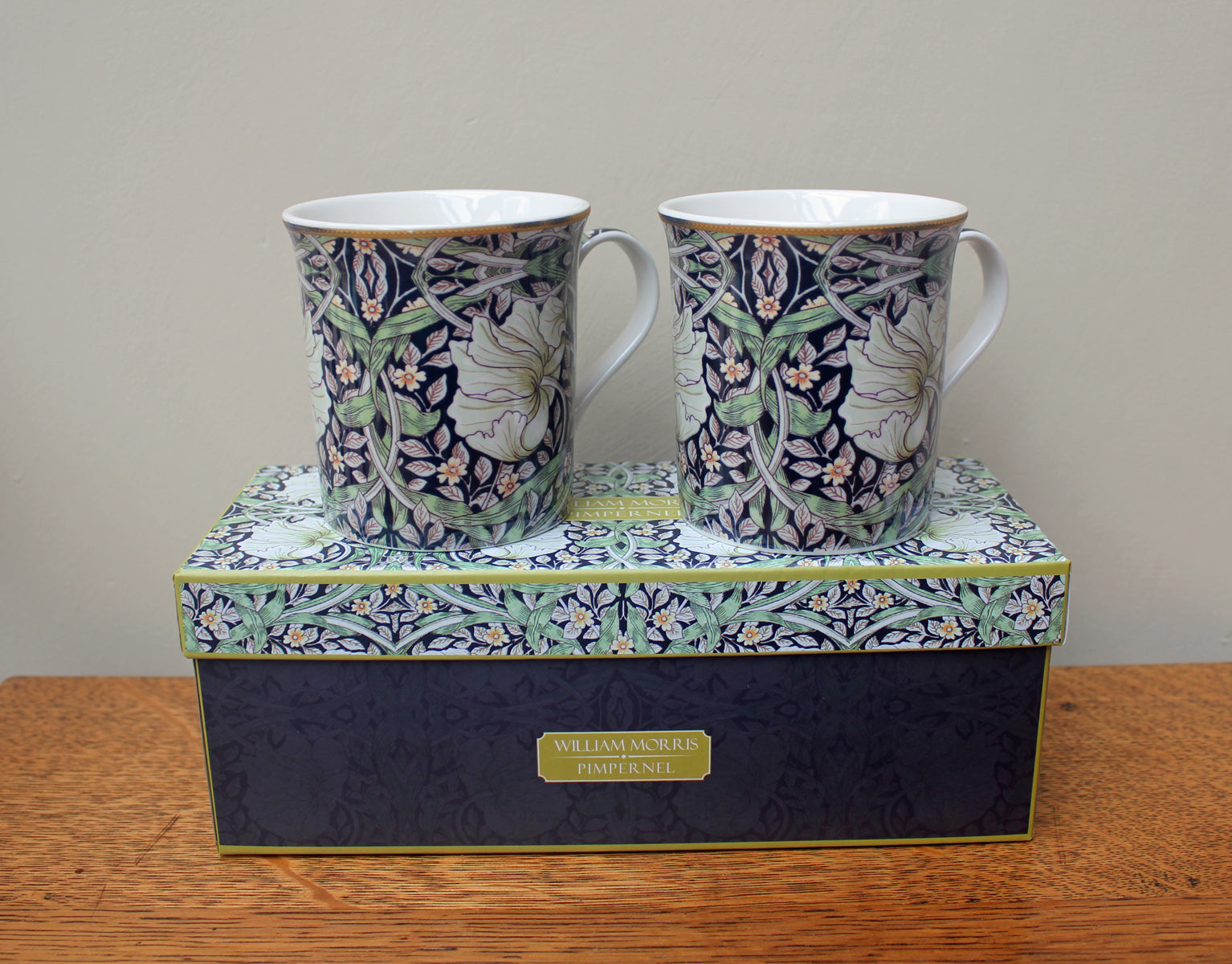 Set of 2 William Morris Pimpernel Black Fine China Mugs