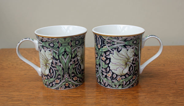 Set of 2 William Morris Pimpernel Black Fine China Mugs